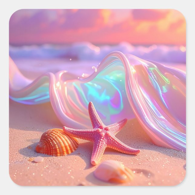 Fantasy-Traumstrand mit schönem rosa Seestern  Quadratischer Aufkleber (Vorderseite)