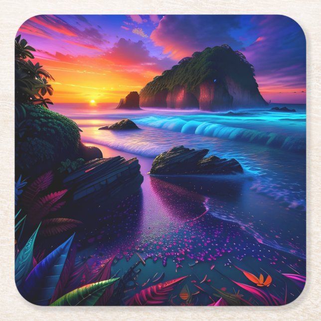 Fantasy Tropical Beach One Rechteckiger Pappuntersetzer (Vorderseite)