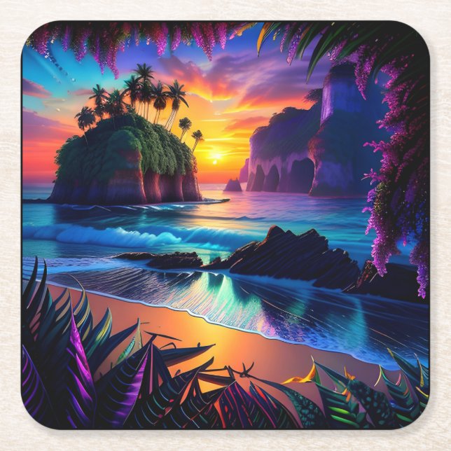 Fantasy Tropical Beach Three Rechteckiger Pappuntersetzer (Vorderseite)