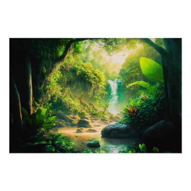 Fantasy Tropical Paradise Landschaft mit Wasserfal Poster (Vorderseite)