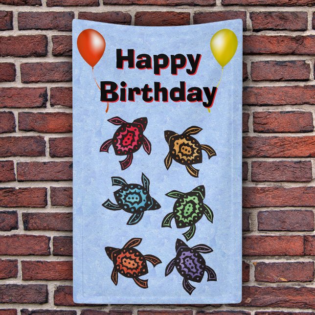 Fantasy Turtles Colored Muscheln Balloons Geburtst Banner (Colourful turtles abstract shells balloons on light blue Happy Birthday party backdrop.)