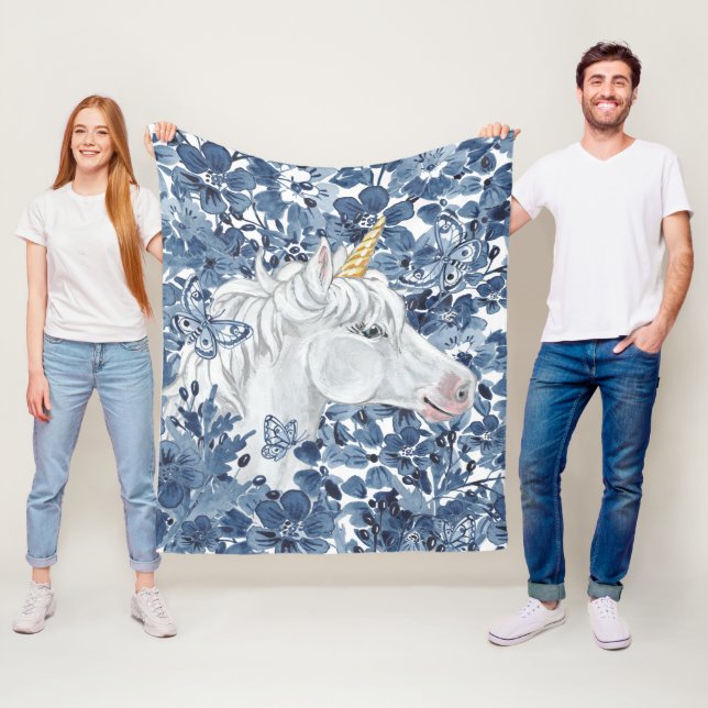 Fantasy Unicorn Blaue Blumen Butterflies Girly Fleecedecke (Beispiel)