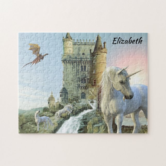 Fantasy Unicorn Castle Dragon Personalized Puzzle (Horizontal)
