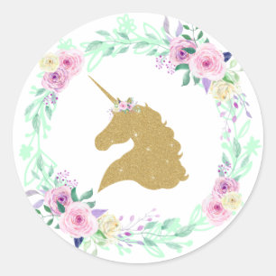 Fantasy Unicorn Floral Gold Runder Aufkleber