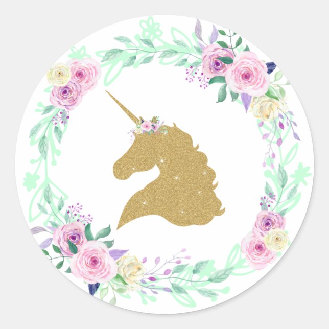 Fantasy Unicorn Floral Gold Runder Aufkleber (Vorderseite)