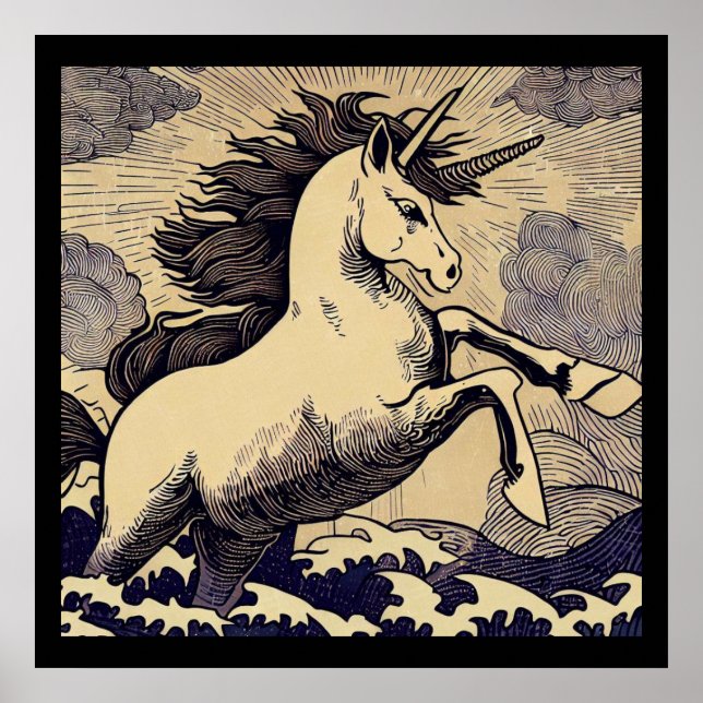 Fantasy Unicorn - Holzschnitt 1 Poster (Vorne)