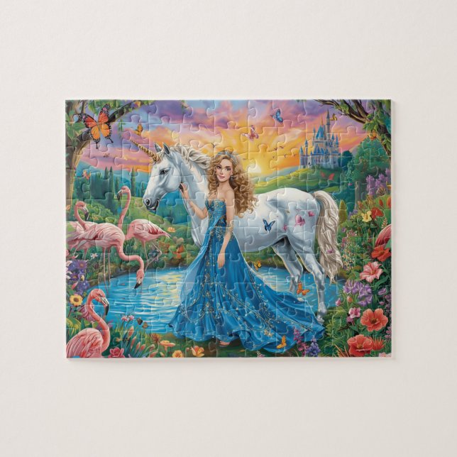 Fantasy Unicorn Princess Castle Flamingo Art Puzzle (Horizontal)