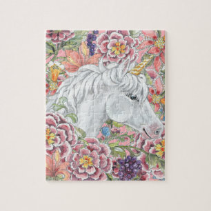 Fantasy Unicorn Rosa Tropische Blume Magisch Puzzle