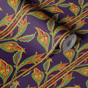 Fantasy vine of gold, red, gree, Blätter on plum Tapete