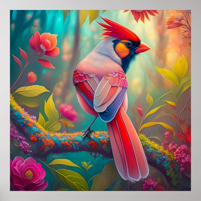 Fantasy-Vögel männlicher Kardinal Poster (Vorne)