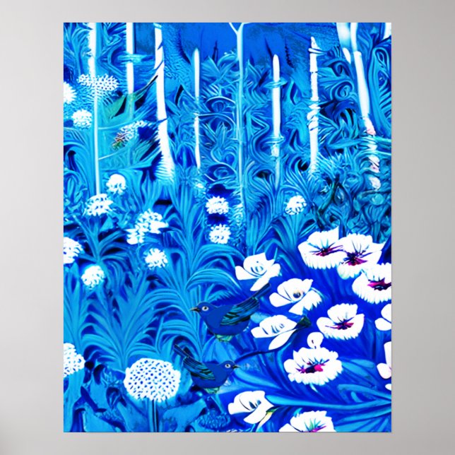 Fantasy-Wald mit Blumen und Vögeln Poster (Vorne)