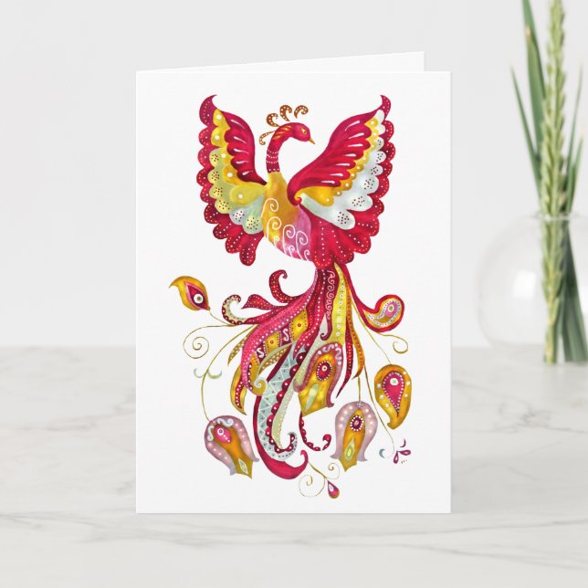 Fantasy Watercolor Firebird oder Red Phoenix Bird Karte (Vorderseite)
