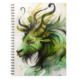 Fantasy Watercolor Qilin in Green und Gold Notizblock