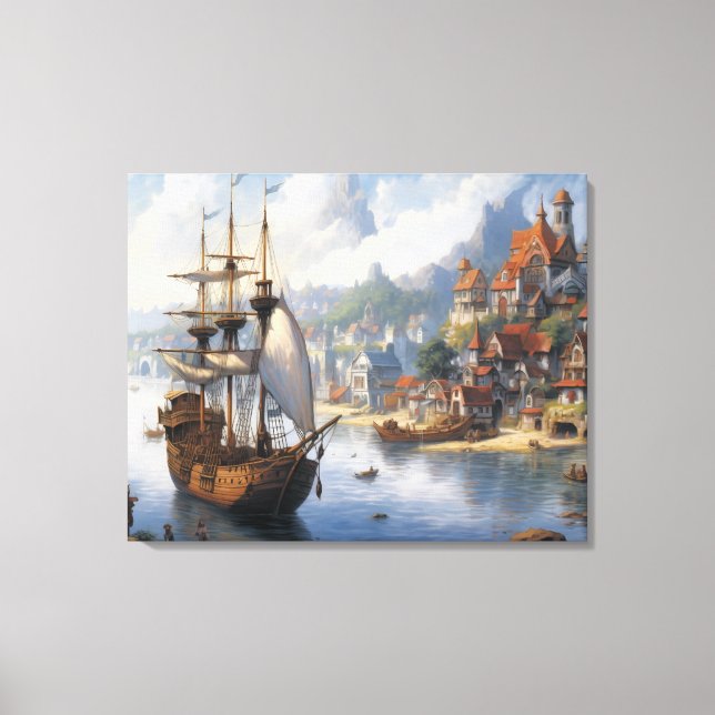 Fantasy Waterfront Village & Ship Leinwanddruck (Vorderseite)