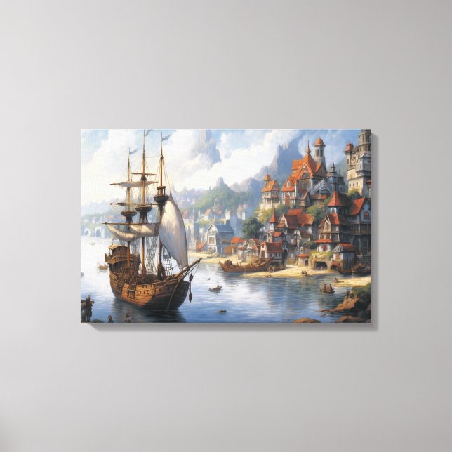 Fantasy Waterfront Village & Ship Leinwanddruck (Vorderseite)