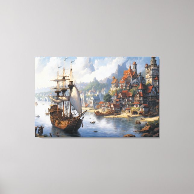 Fantasy Waterfront Village & Ship Leinwanddruck (Vorderseite)