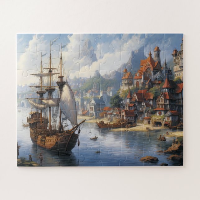 Fantasy Waterfront Village & Ship Puzzle (Horizontal)