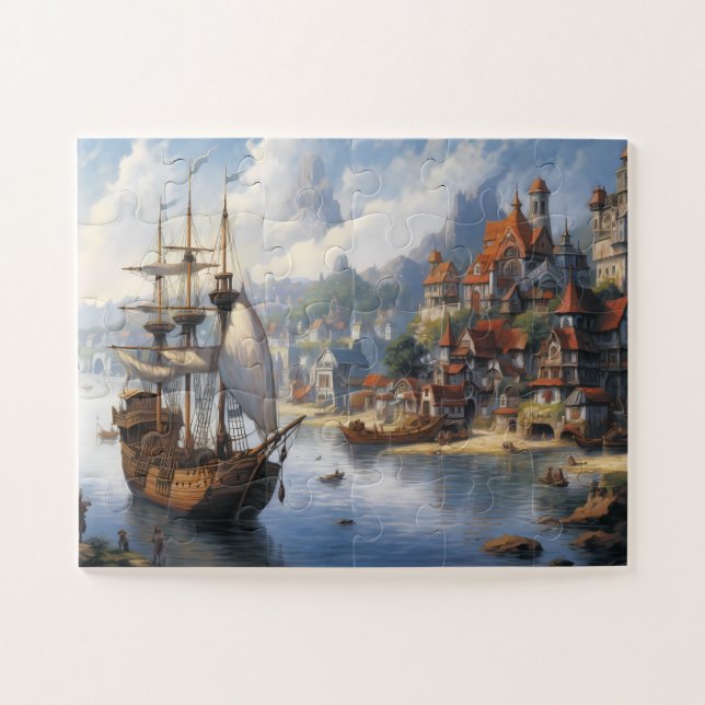 Fantasy Waterfront Village & Ship Puzzle (Horizontal)