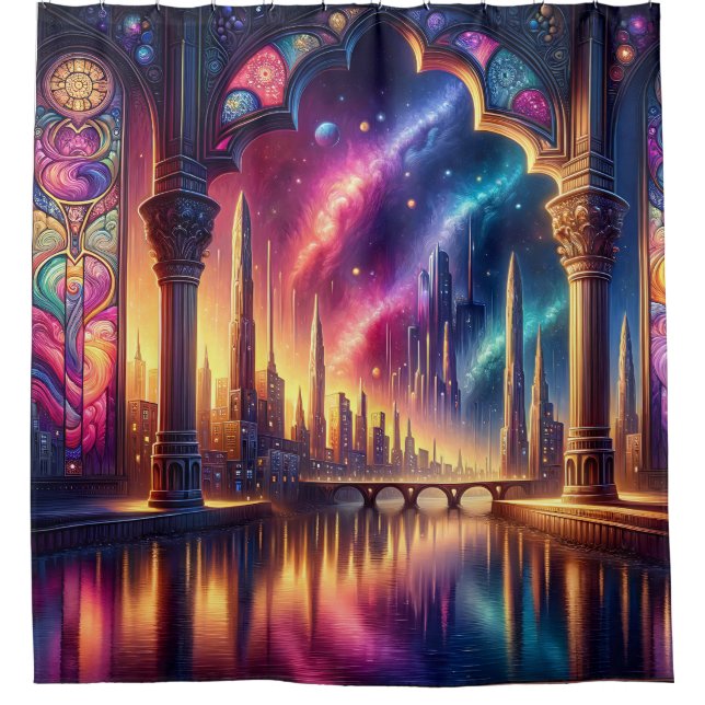 "Fantasy Waterscape with Stached Glass Arch" Duschvorhang (Vorderseite)