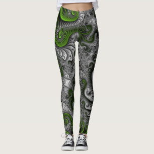 Fantasy-Welt Grüne und graue abstrakte Fraktalkuns Leggings