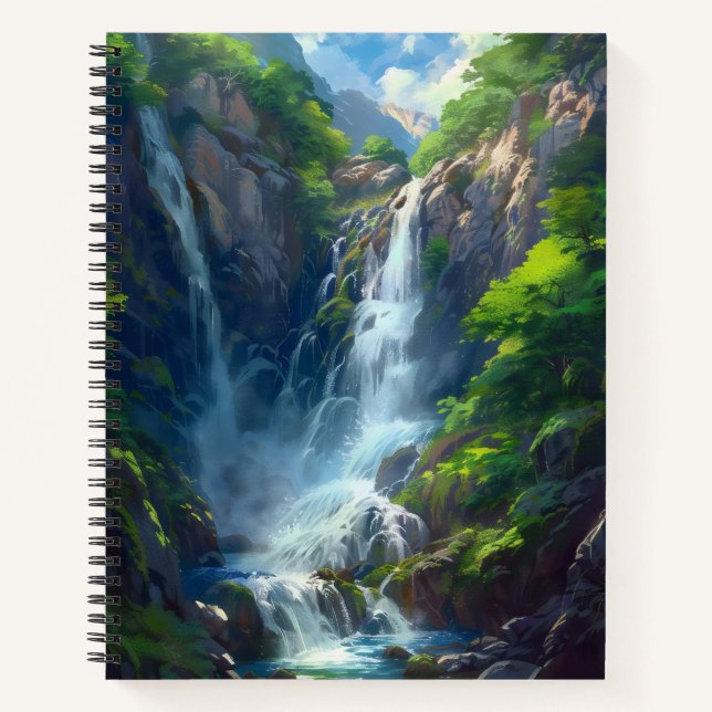 Fantasy-Welt-Wasserfall Notizbuch (Vorderseite)