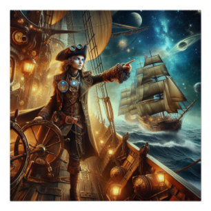 Fantasy-Weltraum-Pirat-Steampunk-Vintage-Victorian Poster