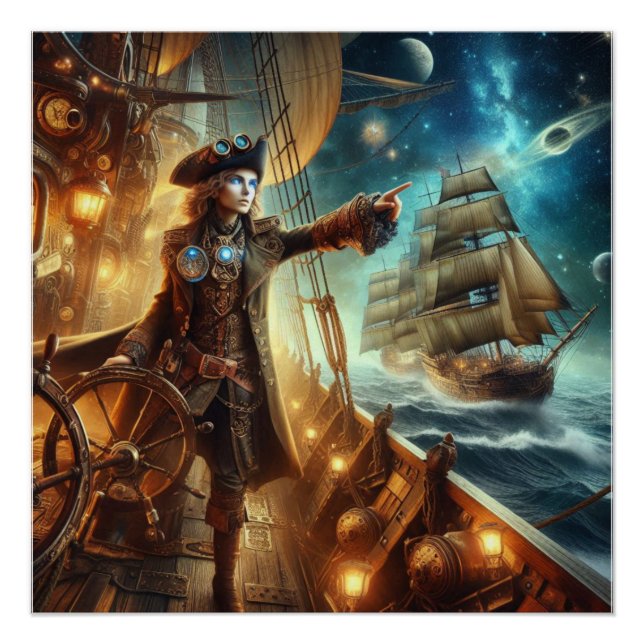 Fantasy-Weltraum-Pirat-Steampunk-Vintage-Victorian Poster (Vorderseite)