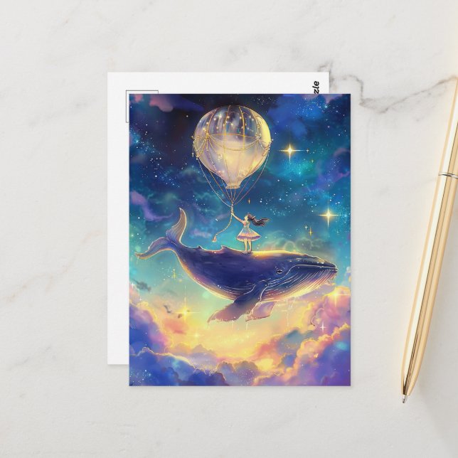 Fantasy Whale Ride in der Wolke Postkarte (Vorderseite/Rückseite Beispiel)