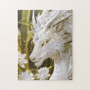 Fantasy White and Gold Dragon mit Blume Puzzle