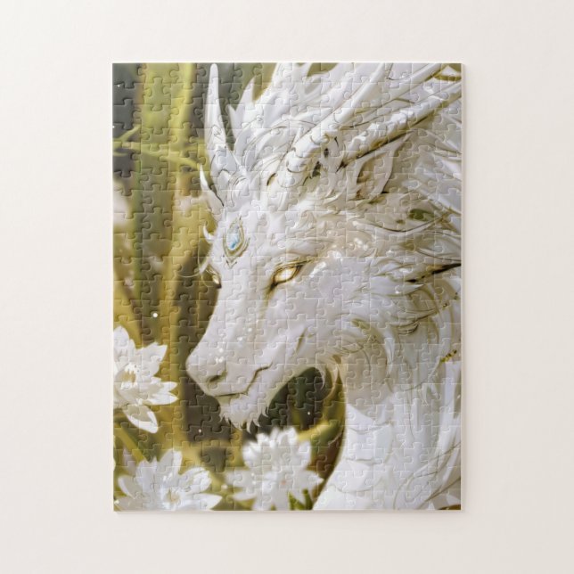 Fantasy White and Gold Dragon mit Blume Puzzle (Vertikal)