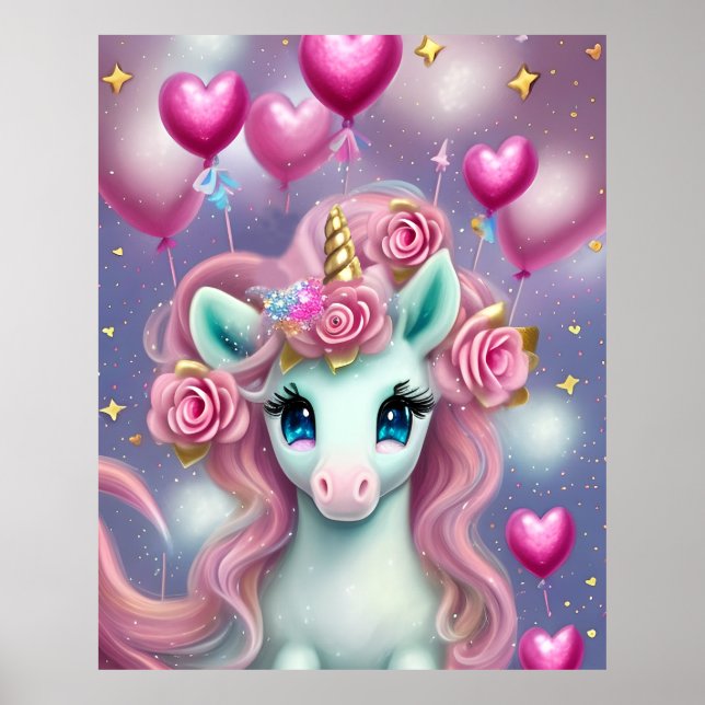 Fantasy White Baby Unicorn mit rosa Herzen Poster (Vorne)