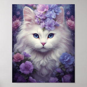 Fantasy White Cat mit Blume Poster