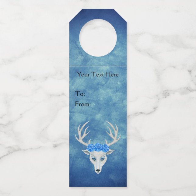 Fantasy White Deer Head Hübsche Rose Misty Blue Flaschenanhänger (Vorderseite)