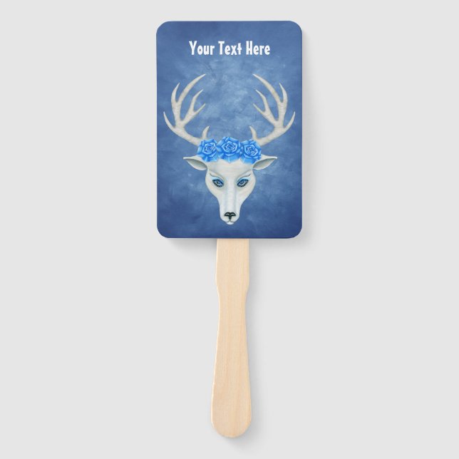 Fantasy White Deer Head Mysterious Face Blue Rose Fächer (Vorderseite)