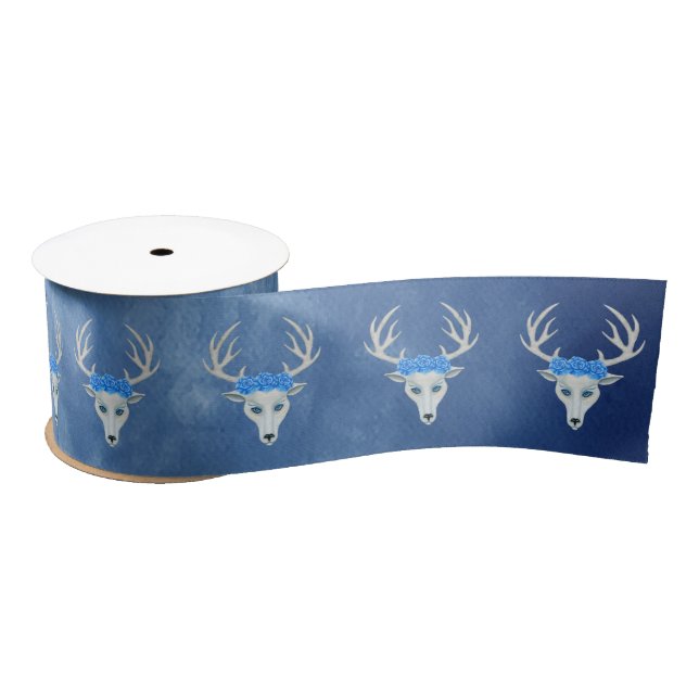 Fantasy White Deer Heads Antlers Rose Misty Blue Satinband (Spule)