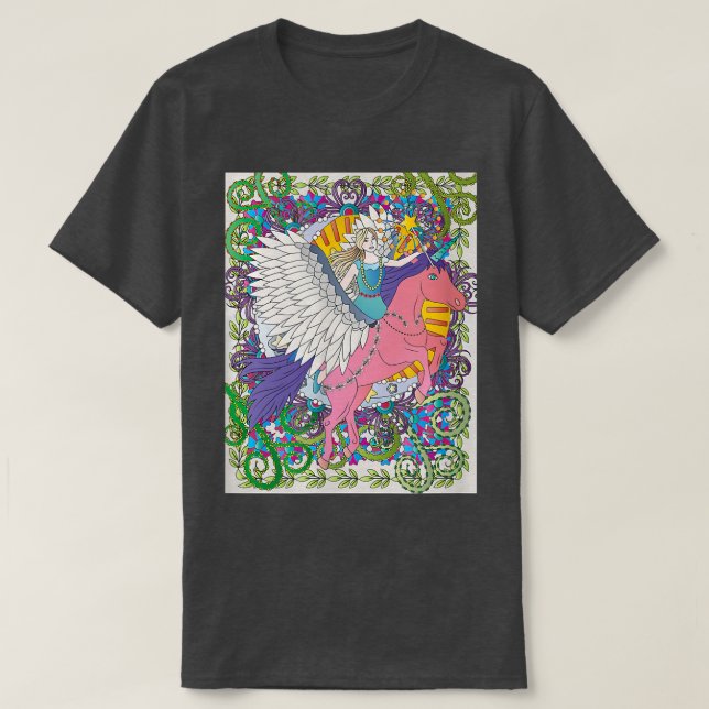 Fantasy White Flügel Einhorn Fliegen mit Fee T-Shirt (Design vorne)