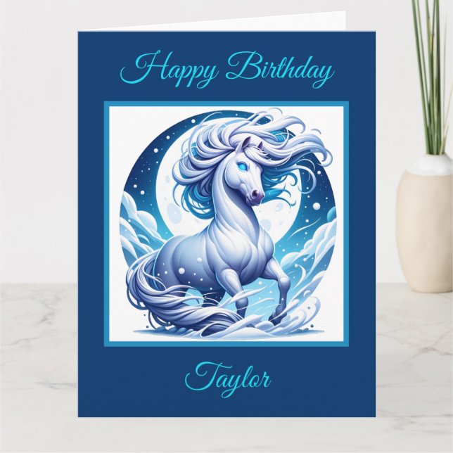 Fantasy White Horst in the Snow Birthday Card Karte (Vorderseite)