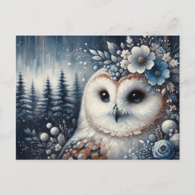 Fantasy White Owl Winter Wonderland Postkarte (Vorderseite)