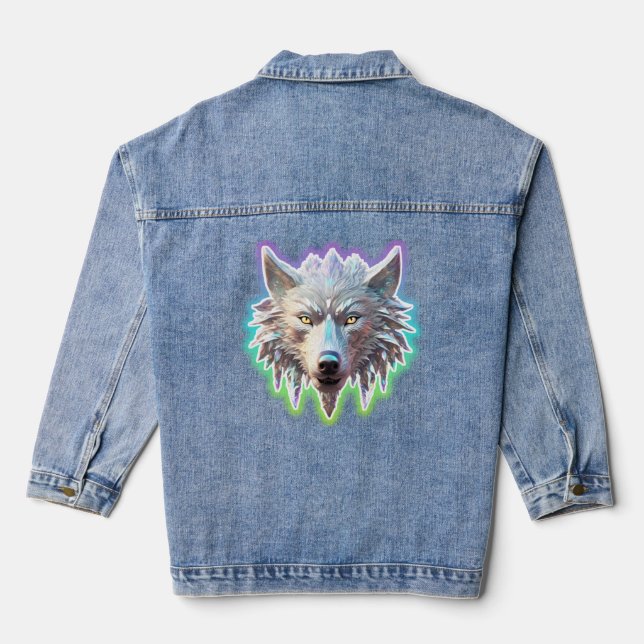 Fantasy White Wolf Head Jeansjacke (Rückseite)