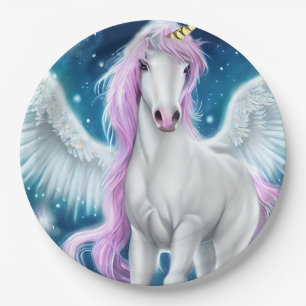 Fantasy Winged Unicorn mit rosa Haar Pappteller