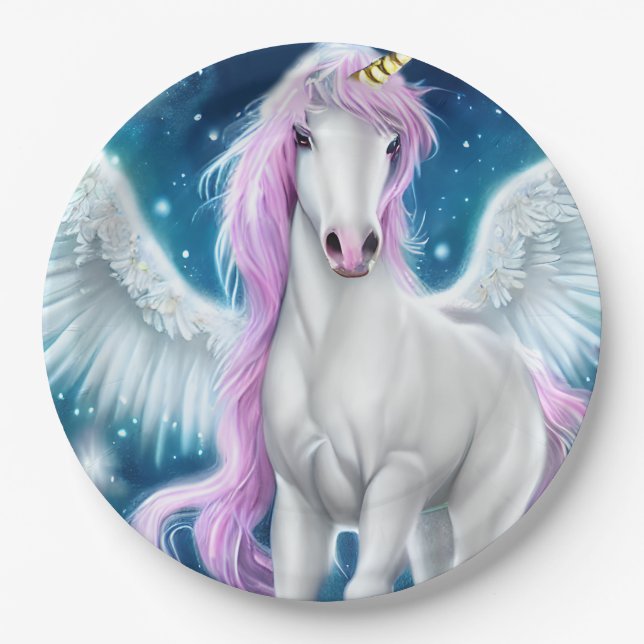 Fantasy Winged Unicorn mit rosa Haar Pappteller (Vorderseite)