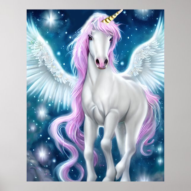 Fantasy Winged Unicorn mit rosa Haar Poster (Vorne)