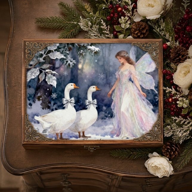 Fantasy-Winter-Fee-Geflügel-Wunderland TMF26 Seidenpapier (Whimsical Winter Fairy And Goose Forest Scene Tissue Paper Featuring Elegant Faux Silver Accents.)