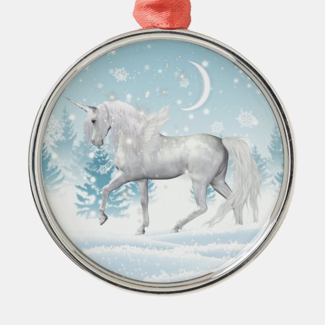 Fantasy Winter Pegasus Einhorn im Schnee Ornament Aus Metall (Vorne)