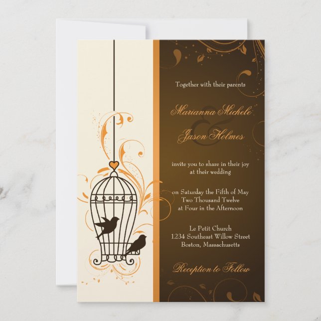 Fantasy Wirbel Birdcage Orange & Brown Wedding Einladung (Vorderseite)