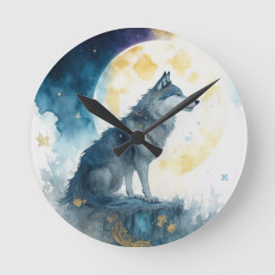 Fantasy Wolf & Gold Stars Künstlerische große Wand Runde Wanduhr