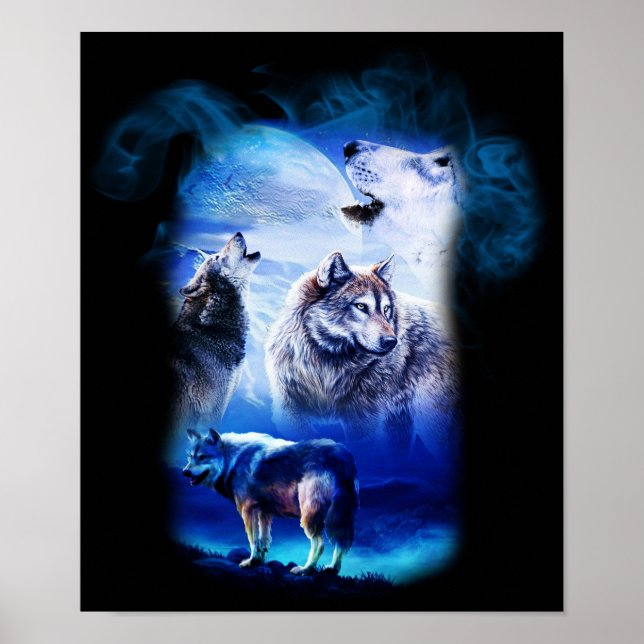Fantasy Wolf Moon Mountain Poster (Vorne)
