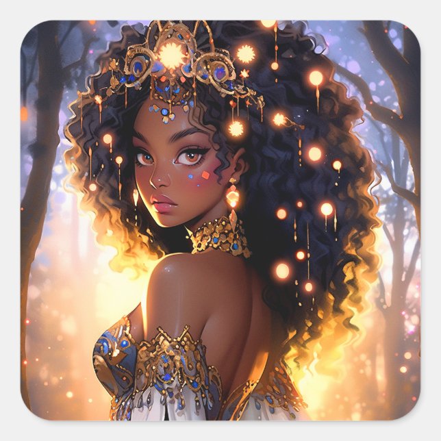 Fantasy Woman African American Art Quadratischer Aufkleber (Vorderseite)