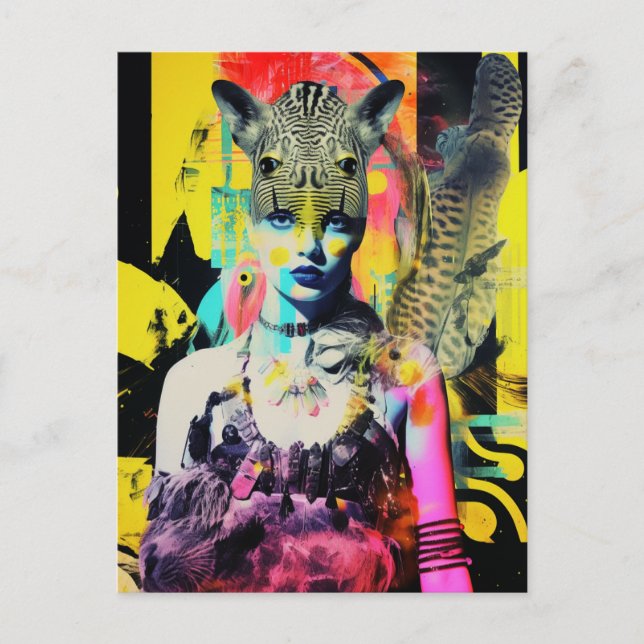 Fantasy Women and Animals Colorful Collage Postkarte (Vorderseite)
