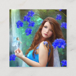 Fantasy Women Fairy Portrait mit Blauen Blumen und Quadratische Visitenkarte